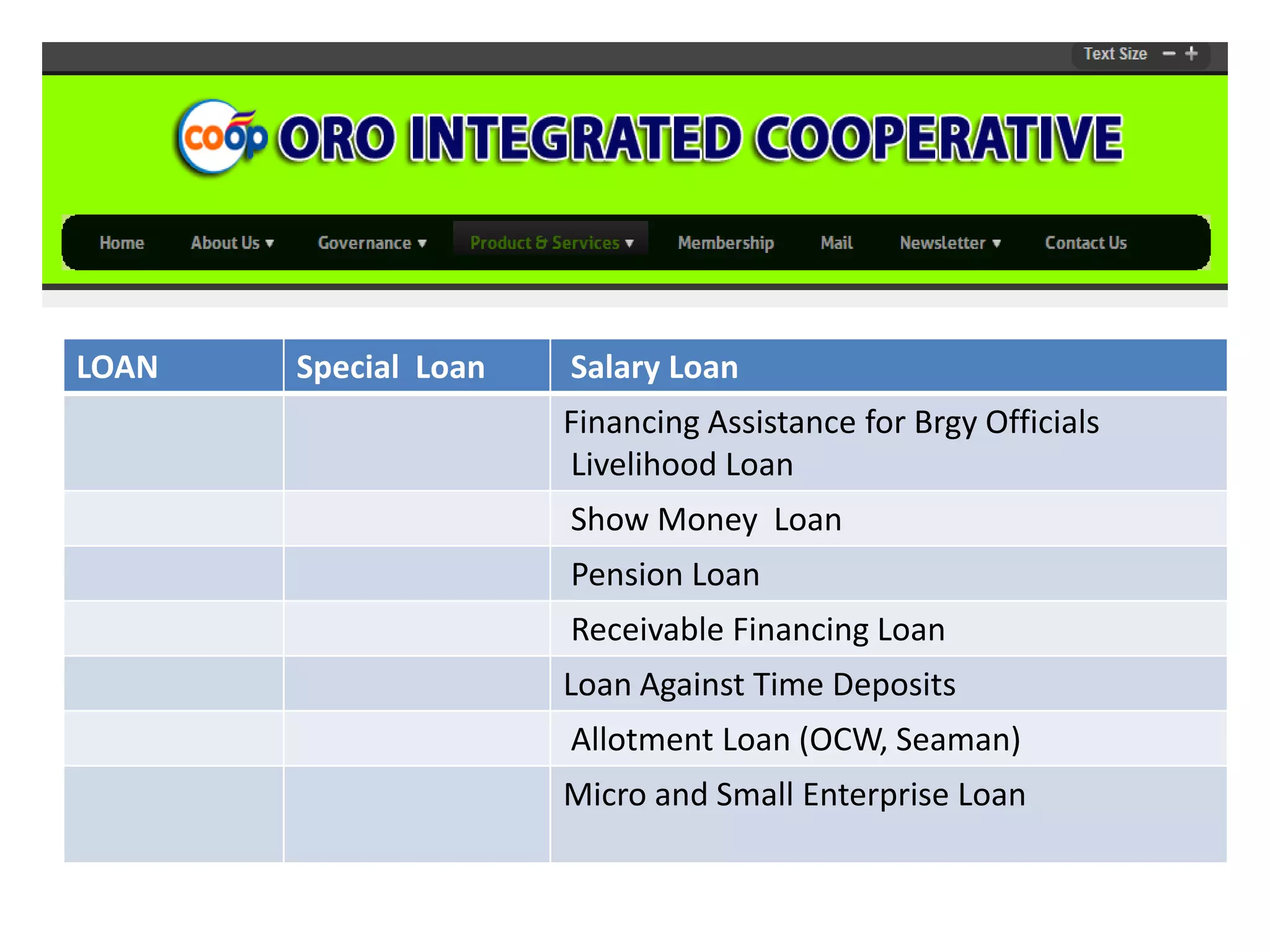 LOAN

Special Loan

Salary Loan
Financing Assistance for Brgy Officials
Livelihood Loan
Show Money Loan
Pension Loan
Receivable Financing Loan
Loan Against Time Deposits
Allotment Loan (OCW, Seaman)
Micro and Small Enterprise Loan

 