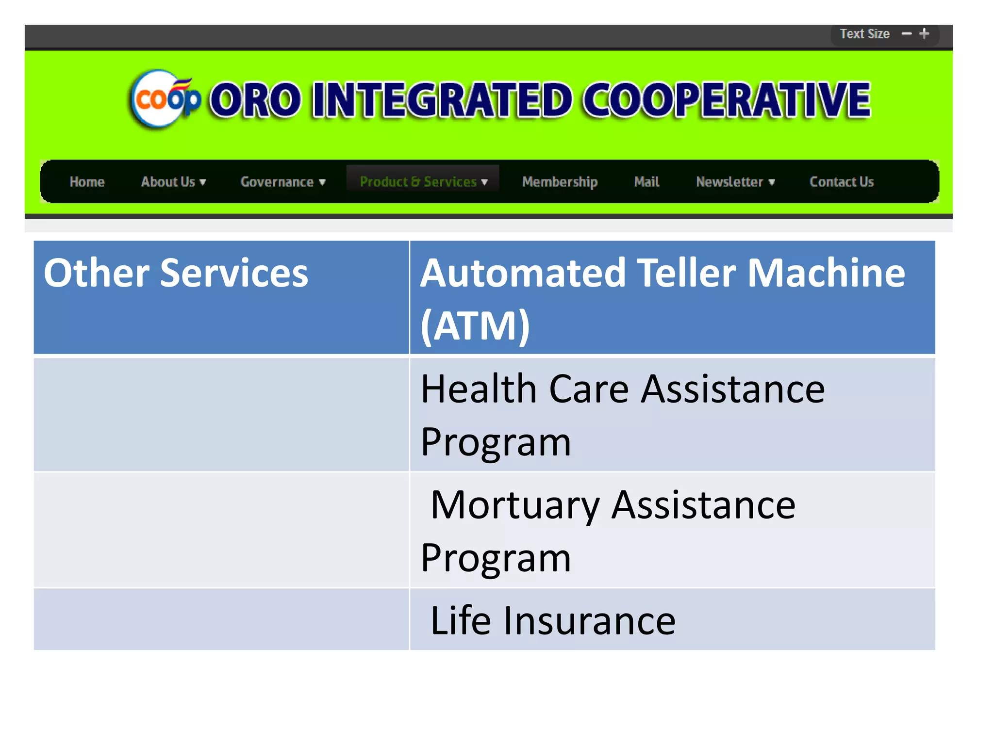 Other Services

Automated Teller Machine
(ATM)
Health Care Assistance
Program
Mortuary Assistance
Program
Life Insurance

 