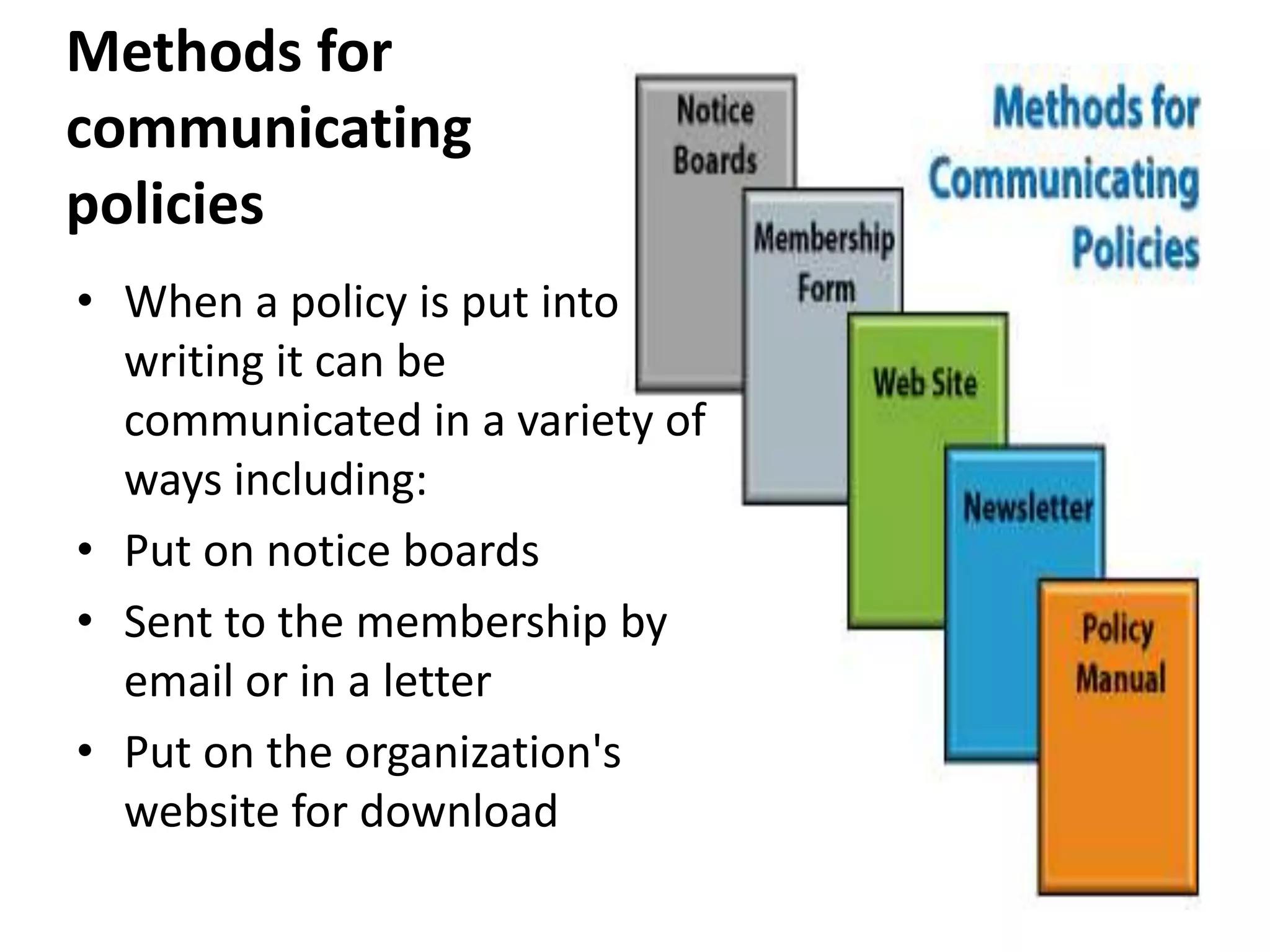 Methods for
communicating
policies
• When a policy is put into
writing it can be
communicated in a variety of
ways including:
• Put on notice boards
• Sent to the membership by
email or in a letter
• Put on the organization's
website for download

 