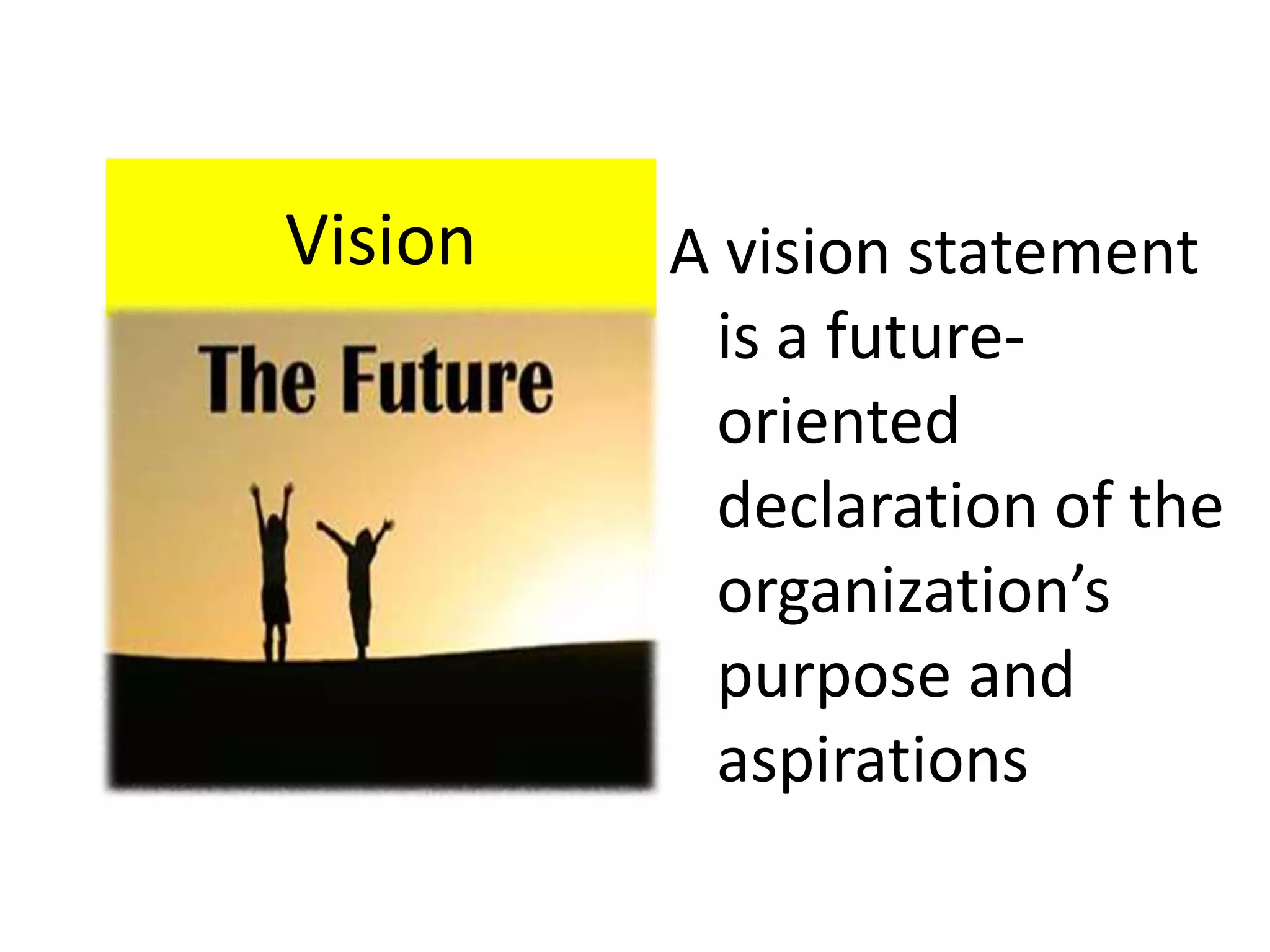 Vision

A vision statement
is a futureoriented
declaration of the
organization’s
purpose and
aspirations

 