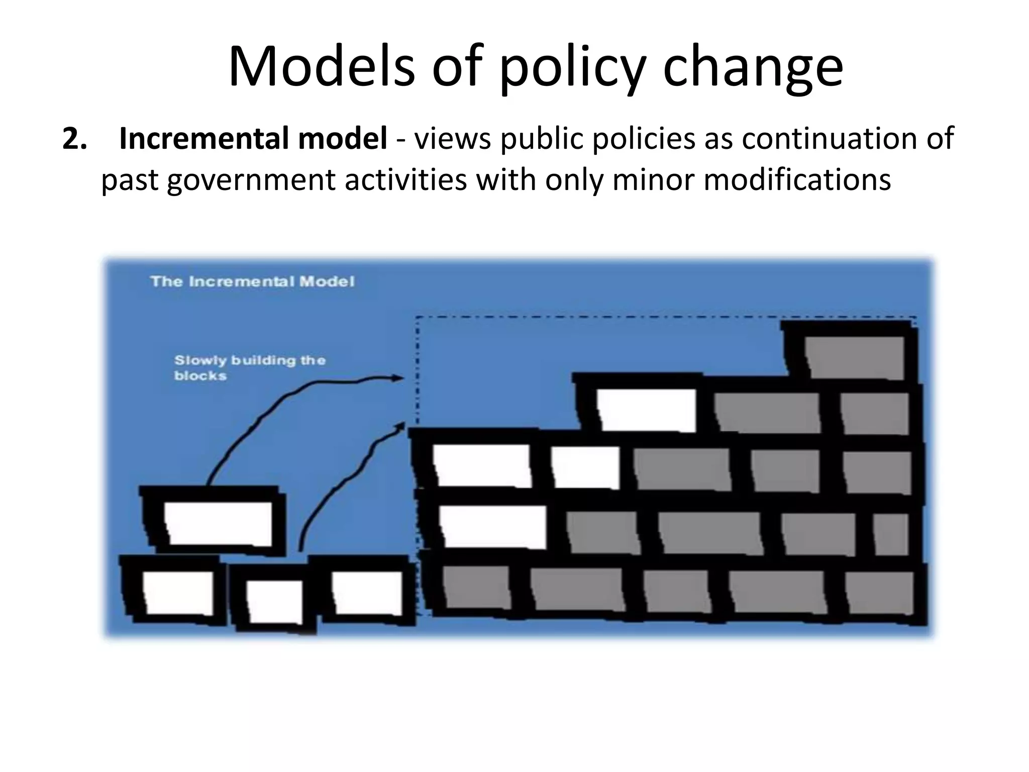 Models of policy change
2. Incremental model - views public policies as continuation of
past government activities with only minor modifications

 