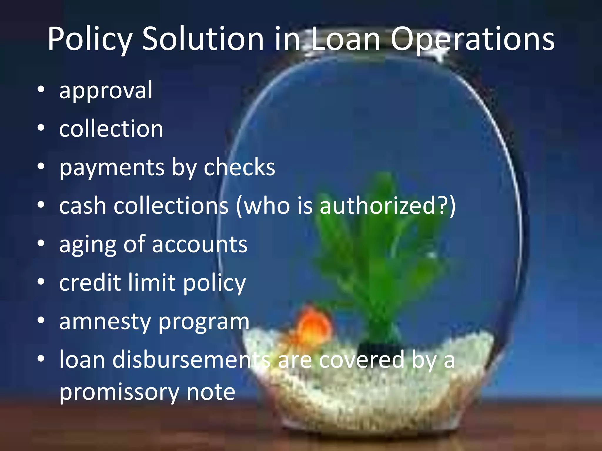 Policy Solution in Loan Operations
•
•
•
•
•
•
•
•

approval
collection
payments by checks
cash collections (who is authorized?)
aging of accounts
credit limit policy
amnesty program
loan disbursements are covered by a
promissory note

 
