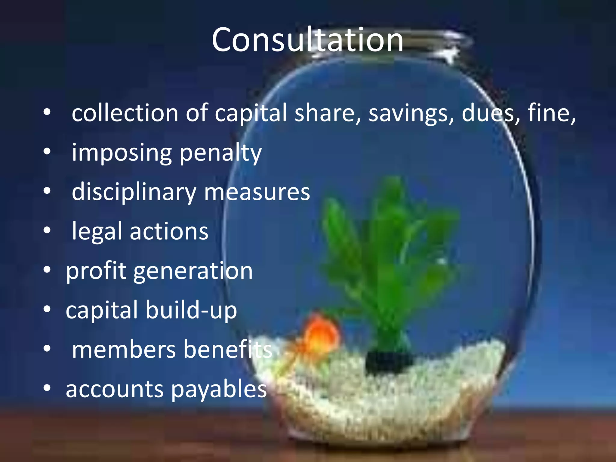 Consultation
•
•
•
•
•
•
•
•

collection of capital share, savings, dues, fine,
imposing penalty
disciplinary measures
legal actions
profit generation
capital build-up
members benefits
accounts payables

 