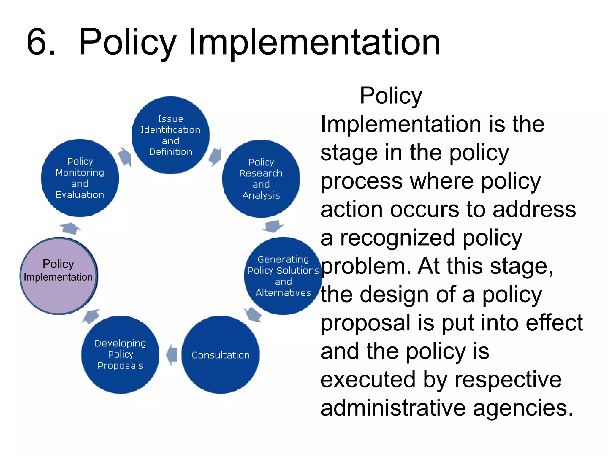 6. Policy Implementation

Issue
identification
and
definition

Policy
Implementation

Policy
Implementation is the
stage in the policy
process where policy
action occurs to address
a recognized policy
problem. At this stage,
the design of a policy
proposal is put into effect
and the policy is
executed by respective
administrative agencies.

 
