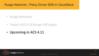 Copyright 2017 NOKIA. All rights reserved. 17/8/2017
13
• Nuage Networks
• Today’s ACS 4.10 Nuage VSP plugin
• Upcoming in ACS 4.11
Nuage Networks : Policy Driven SDN in CloudStack
 