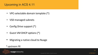 Copyright 2017 NOKIA. All rights reserved. 17/8/2017
14
Upcoming in ACS 4.11
• VPC-selectable domain template (*)
• VSD managed subnets
• Config Drive support (*)
• Guest VM DHCP options (*)
• Migrating a native cloud to Nuage
* upstream PR
 
