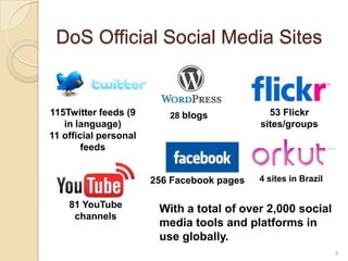 DoS Official Social Media Sites


115Twitter feeds (9       28 blogs            53 Flickr
   in language)                             sites/groups
11 official personal
        feeds


                       256 Facebook pages   4 sites in Brazil


    81 YouTube          With a total of over 2,000 social
     channels
                        media tools and platforms in
                        use globally.
                                                                4
 