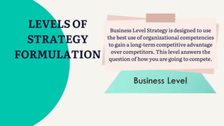 LEVELS OF
STRATEGY
FORMULATION
Business Level Strategy is designed to use
the best use of organizational competencies
to gain a long-term competitive advantage
over competitors. This level answers the
question of how you are going to compete.
 