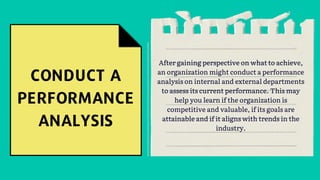 After gaining perspective on what to achieve,
an organization might conduct a performance
analysis on internal and external departments
to assess its current performance. This may
help you learn if the organization is
competitive and valuable, if its goals are
attainable and if it aligns with trends in the
industry.
 