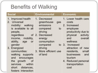Benefits of Walking
Social                 Environmental          Economic
1. Improved health      1. Decreased          1. Lower health care
2. Universal               greenhouse gas        costs
   mobility: walking       emissions          2. Increased
   is available to all     compared        to    employee
   people,                 driving               productivity due to
   regardless        of 2. Decreased             physical activity
   income, mobility,       energy                and         overall
   ability, age or         consumption           wellness
   gender                  compared        to 3. Increased
3. Energized               driving               attraction of new
   communities:         3. More efficient use    residents, small
   walking supports        of land               businesses and
   and encourages                                tourism
   the growth        of                       4. Reduced personal
   services     within                           transportation
   short distances,                              cost
   fosters interaction
 