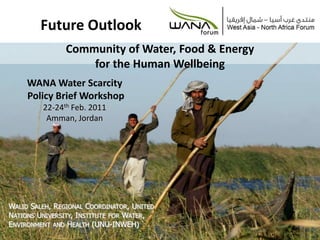 Future Outlook  Community of Water, Food & Energy for the Human Wellbeing WANA Water Scarcity  Policy Brief Workshop22-24th Feb. 2011 Amman, Jordan  Walid Saleh, Regional Coordinator, United Nations University, Institute for Water, Environment and Health (UNU-INWEH) 