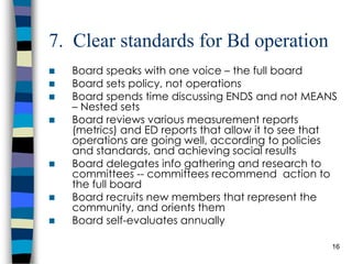 7.  Clear standards for Bd operation Board speaks with one voice – the full board Board sets policy, not operations Board spends time discussing ENDS and not MEANS – Nested sets Board reviews various measurement reports (metrics) and ED reports that allow it to see that operations are going well, according to policies and standards, and achieving social results Board delegates info gathering and research to committees -- committees recommend  action to the full board Board recruits new members that represent the community, and orients them Board self-evaluates annually 