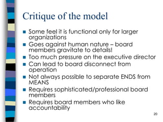Critique of the model Some feel it is functional only for larger organizations Goes against human nature – board members gravitate to details! Too much pressure on the executive director Can lead to board disconnect from operation Not always possible to separate ENDS from MEANS Requires sophisticated/professional board members Requires board members who like accountability 