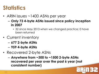 Statistics
•  ARIN issues ~1400 ASNs per year
–  Only 73 4-byte ASNs issued since policy inception
in 2007
•  32 since May 2013 when we changed practice; 0 have
been returned

•  Current inventory
–  677 2-byte ASNs
–  959 4-byte ASNs

•  Recovered 2-byte ASNs
–  Anywhere from ~300 to ~1500 2-byte ASNs
recovered per year over the past 6 year (not
consistent number)
11

 