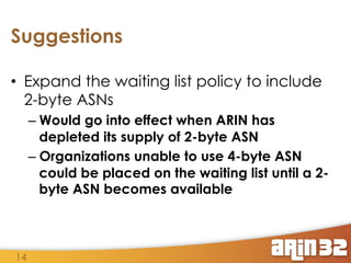 Suggestions
•  Expand the waiting list policy to include
2-byte ASNs
–  Would go into effect when ARIN has
depleted its supply of 2-byte ASN
–  Organizations unable to use 4-byte ASN
could be placed on the waiting list until a 2byte ASN becomes available

14

 