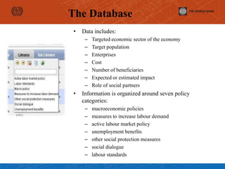 • Data includes:
– Targeted economic sector of the economy
– Target population
– Enterprises
– Cost
– Number of beneficiaries
– Expected or estimated impact
– Role of social partners
• Information is organized around seven policy
categories:
– macroeconomic policies
– measures to increase labour demand
– active labour market policy
– unemployment benefits
– other social protection measures
– social dialogue
– labour standards
The Database
 