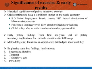 Significance of exercise & early
results
 Historical significance of policy inventory exercise
 Crisis continues to have a significant impact on the world economy
ILO Global Employment Trends, January 2013 showed deterioration of
labour market prospects.
Following a short recovery in 2010, global prospects have weakened
Global policy, after an initial coordinated stimulus, appears adrift.
 Early policy findings from first analytical cut of policy
inventory, implications for research, directions for follow-up
 Methodology: (a) Incidence is aspirational; (b) Budgets show doability
 Emphasise some key findings, implications:
1. Sequencing of policy
2. Targeting
3. Transfers vs. cuts
4. Periodicity
 