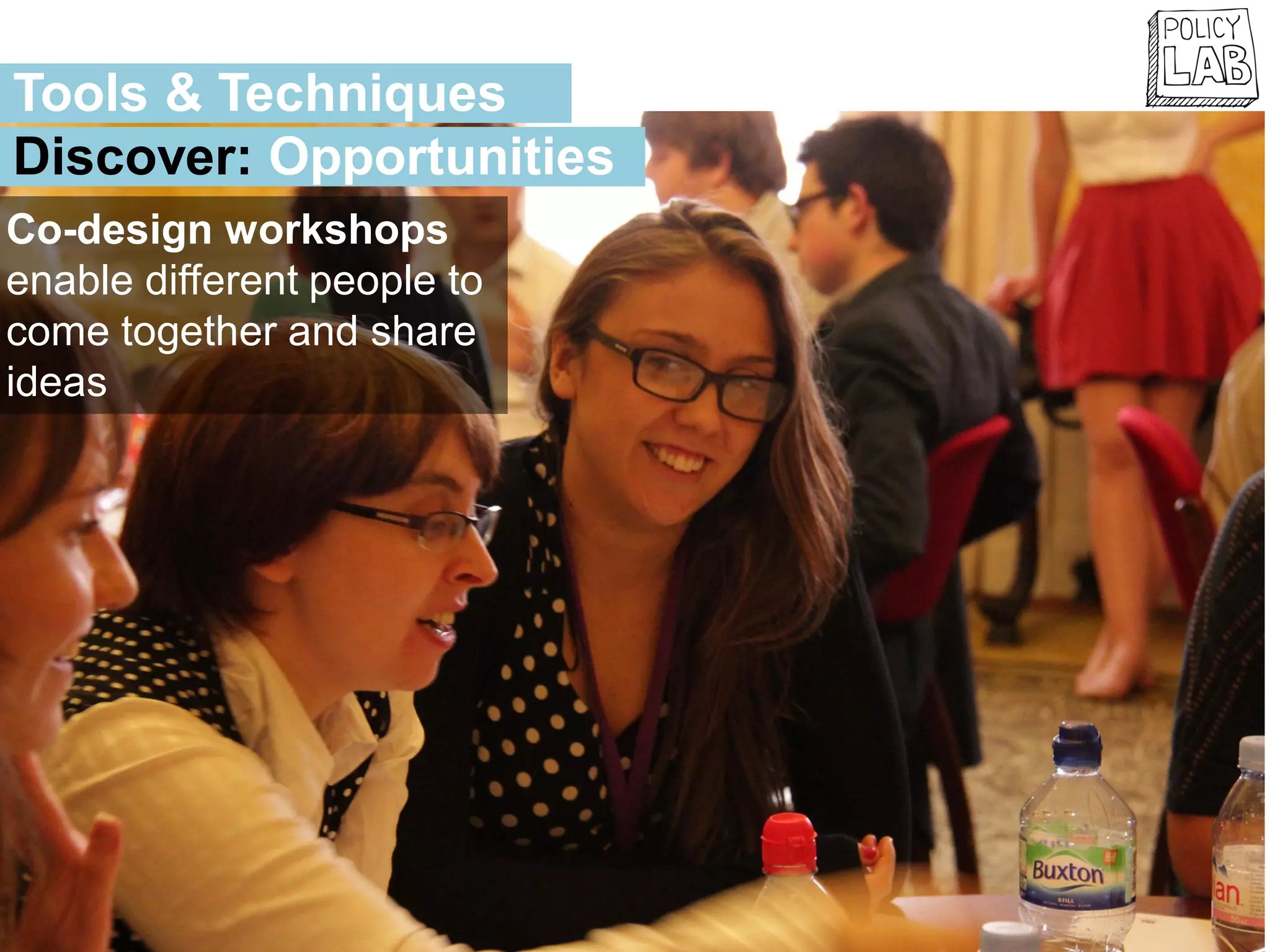 Co-design workshops
enable different people to
come together and share
ideas
Tools & Techniques
Discover: Opportunities
 