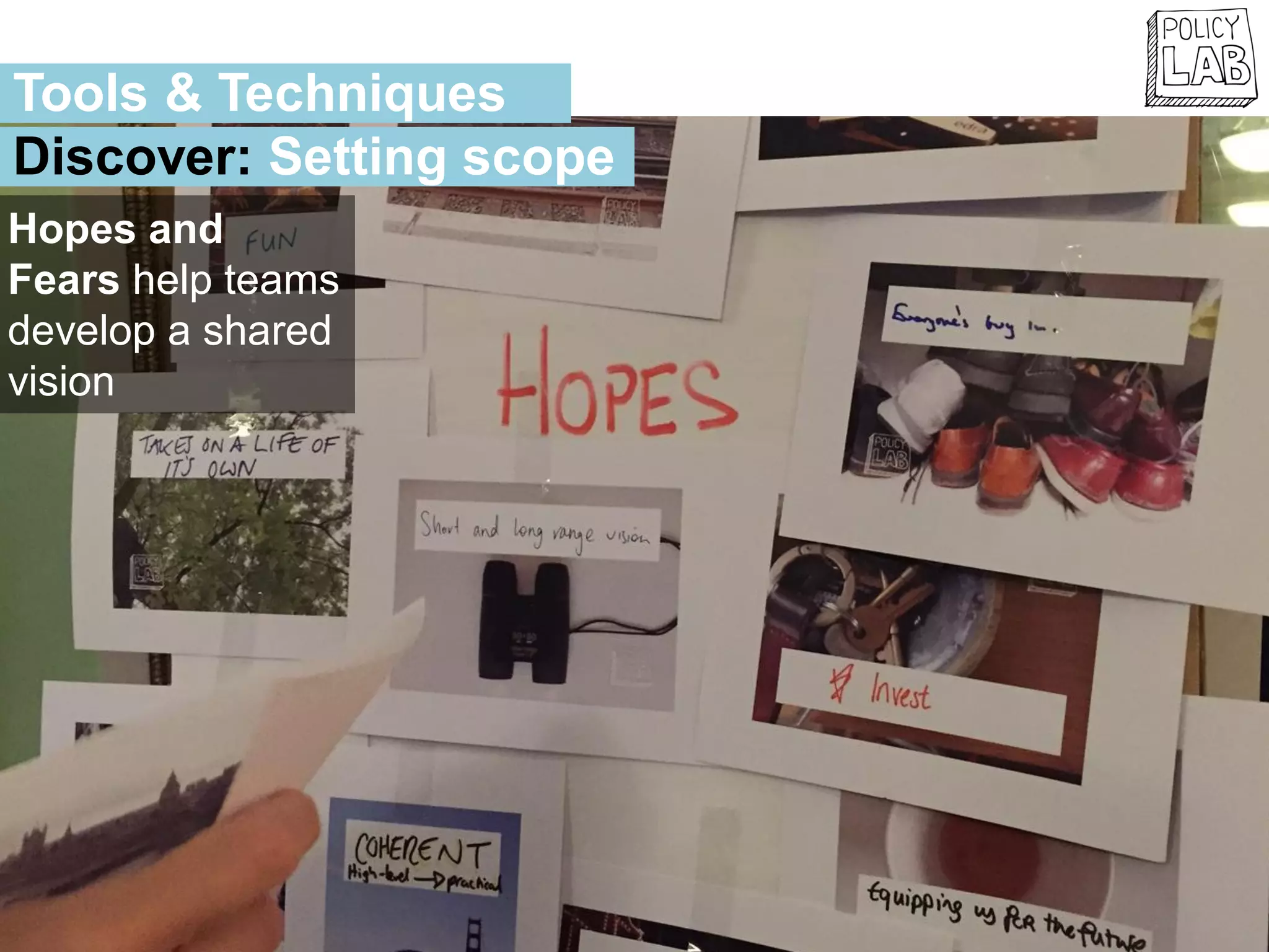 Hopes and
Fears help teams
develop a shared
vision
Tools & Techniques
Discover: Setting scope
 