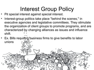 Interest Group Policy Pit special interest against special interest. Interest-group politics take place "behind the scenes," in executive agencies and legislative committees. They stimulate the organization of client groups to promote programs, and are characterized by changing alliances as issues and influence shift. Ex. Bills requiring business firms to give benefits to labor unions 
