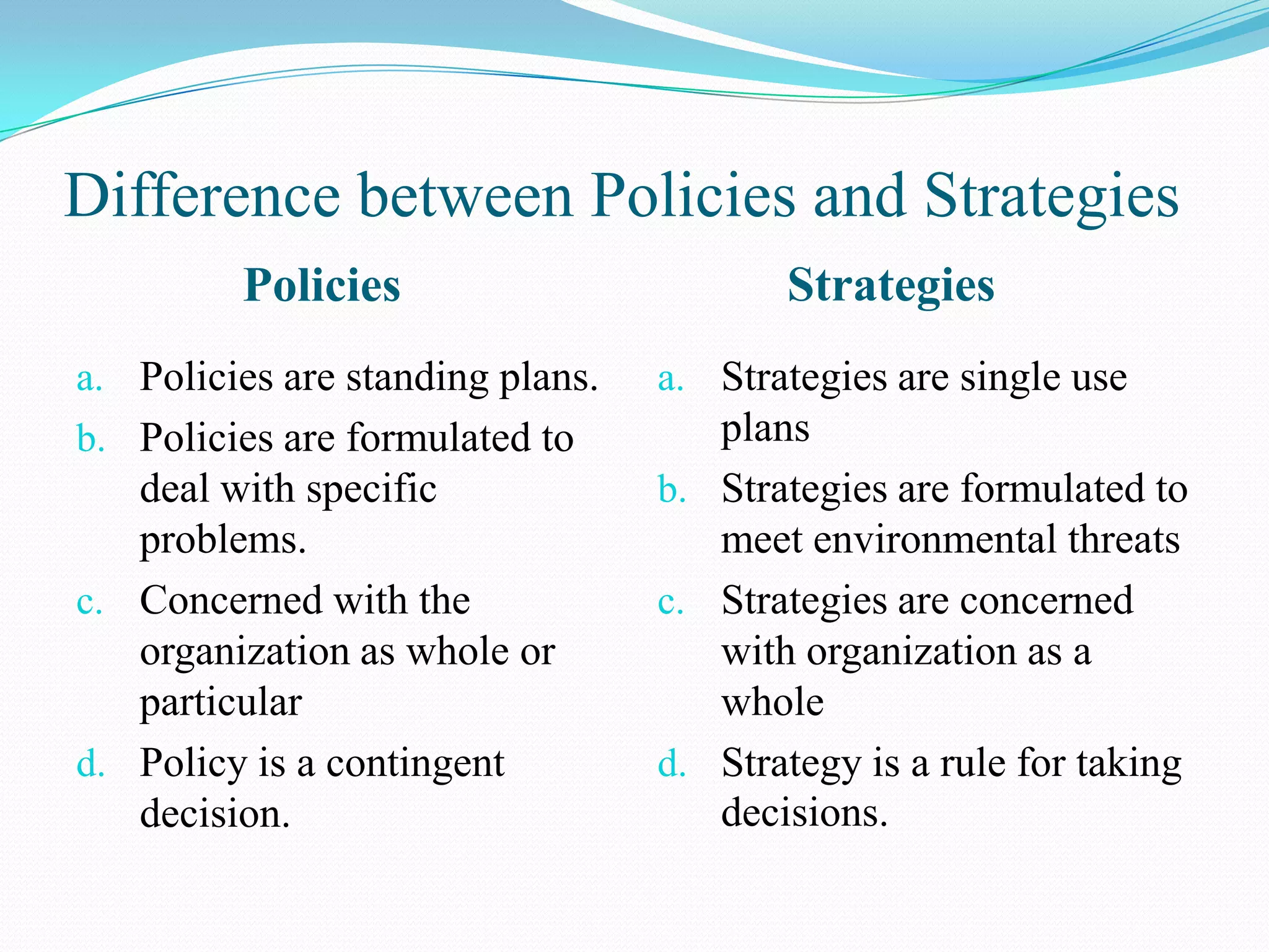 Difference between Policies and Strategies
         Policies                        Strategies
a. Policies are standing plans.   a. Strategies are single use
b. Policies are formulated to        plans
   deal with specific             b. Strategies are formulated to
   problems.                         meet environmental threats
c. Concerned with the             c. Strategies are concerned
   organization as whole or          with organization as a
   particular                        whole
d. Policy is a contingent         d. Strategy is a rule for taking
   decision.                         decisions.
 