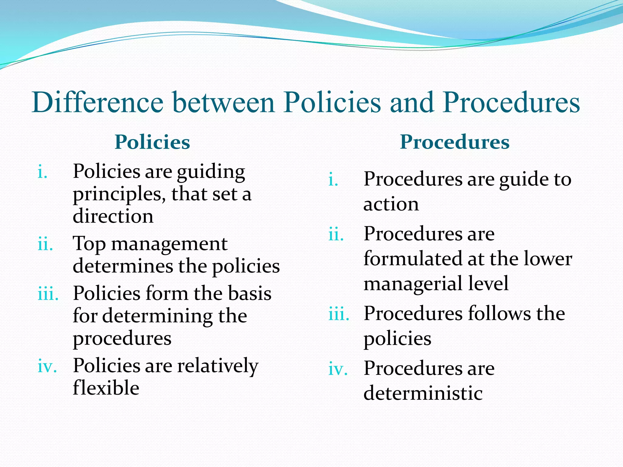 Difference between Policies and Procedures
          Policies                     Procedures
i. Policies are guiding        i.   Procedures are guide to
     principles, that set a         action
     direction
ii. Top management             ii. Procedures are
     determines the policies        formulated at the lower
iii. Policies form the basis        managerial level
     for determining the       iii. Procedures follows the
     procedures                     policies
iv. Policies are relatively    iv. Procedures are
     flexible                       deterministic
 
