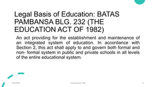 Legal Basis of Education: BATAS
PAMBANSA BLG. 232 (THE
EDUCATION ACT OF 1982)
An act providing for the establishment and maintenance of
an integrated system of education. In accordance with
Section 2, this act shall apply to and govern both formal and
non- formal system in public and private schools in all levels
of the entire educational system.
9/3/20XX Presentation Title 11
 