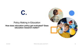 C.
Policy Making in Education
How does education policy get evaluated? Does
education research matter?
9/3/20XX Where does policy come from? 26
 