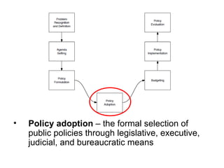 •   Policy adoption – the formal selection of
    public policies through legislative, executive,
    judicial, and bureau...