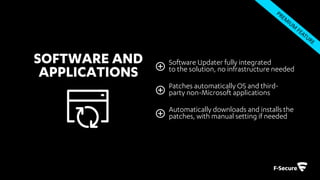 • Administrator can prevent network
activity relating to known botnets
• Blocks Domain Name Server (DNS)
queries on the host level
• Admin can filter out queries based on
domain reputation with option for
whitelist
© F-Secure Confidential20
 