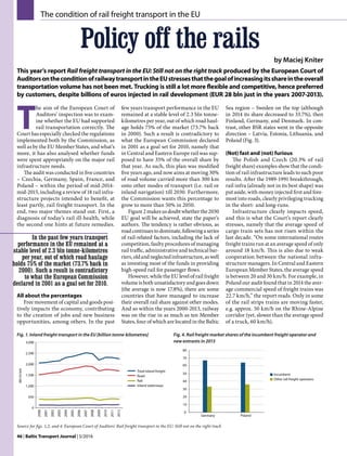 46 | Baltic Transport Journal | 5/2016
In the past few years transport
performance in the EU remained at a
stable level of 2.3 bln tonne-kilometres
per year, out of which road haulage
holds 75% of the market (73.7% back in
2000). Such a result is contradictory
to what the European Commission
declared in 2001 as a goal set for 2010.
Policy off the rails
by Maciej Kniter
This year’s report Rail freight transport in the EU: Still not on the right track produced by the European Court of
AuditorsontheconditionofrailwaytransportintheEUstressesthatthegoalofincreasingitsshareintheoverall
transportation volume has not been met. Trucking is still a lot more flexible and competitive, hence preferred
by customers, despite billions of euros injected in rail development (EUR 28 bln just in the years 2007-2013).
T
he aim of the European Court of
Auditors’ inspection was to exam-
ine whether the EU had supported
rail transportation correctly. The
Court has especially checked the regulations
implemented both by the Commission, as
well as by the EU Member States, and what’s
more, it has also analysed whether funds
were spent appropriately on the major rail
infrastructure needs.
The audit was conducted in five countries
– Czechia, Germany, Spain, France, and
Poland – within the period of mid-2014-
mid-2015, including a review of 18 rail infra-
structure projects intended to benefit, at
least partly, rail freight transport. In the
end, two major themes stand out. First, a
diagnosis of today’s rail ill-health, while
the second one hints at future remedies.
The condition of rail freight transport in the EU
few years transport performance in the EU
remained at a stable level of 2.3 bln tonne-
kilometres per year, out of which road haul-
age holds 75% of the market (73.7% back
in 2000). Such a result is contradictory to
what the European Commission declared
in 2001 as a goal set for 2010, namely that
in Central and Eastern Europe rail was sup-
posed to have 35% of the overall share by
that year. As such, this plan was modified
five years ago, and now aims at moving 30%
of road volume carried more than 300 km
onto other modes of transport (i.e. rail or
inland navigation) till 2030. Furthermore,
the Commission wants this percentage to
grow to more than 50% in 2050.
Figure 2 makes us doubt whether the 2030
EU goal will be achieved, state the paper’s
authors. The tendency is rather obvious, as
roadcontinuestodominate,followingaseries
of rail-related factors, including the lack of
competition, faulty procedures of managing
rail traffic, administrative and technical bar-
riers,oldandneglectedinfrastructure,aswell
as investing most of the funds in providing
high-speed rail for passenger flows.
However, while the EU level of rail freight
volume is both unsatisfactory and goes down
(the average is now 17.8%), there are some
countries that have managed to increase
their overall rail share against other modes.
And so within the years 2000-2013, railway
was on the rise in as much as ten Member
States, four of which are located in the Baltic
Sea region – Sweden on the top (although
in 2014 its share decreased to 33.7%), then
Finland, Germany, and Denmark. In con-
trast, other BSR states went in the opposite
direction – Latvia, Estonia, Lithuania, and
Poland (Fig. 3).
(Not) fast and (not) furious
The Polish and Czech (20.3% of rail
freight share) examples show that the condi-
tion of rail infrastructure leads to such poor
results. After the 1989-1991 breakthrough,
rail infra (already not in its best shape) was
put aside, with money injected first and fore-
most into roads, clearly privileging trucking
in the short- and long-runs.
Infrastructure clearly impacts speed,
and this is what the Court’s report clearly
stresses, namely that the average speed of
cargo train sets has not risen within the
last decade. “On some international routes
freight trains run at an average speed of only
around 18 km/h. This is also due to weak
cooperation between the national infra-
structure managers. In Central and Eastern
European Member States, the average speed
is between 20 and 30 km/h. For example, in
Poland our audit found that in 2014 the aver-
age commercial speed of freight trains was
22.7 km/h,” the report reads. Only in some
of the rail strips trains are moving faster,
e.g. approx. 50 km/h on the Rhine-Alpine
corridor (yet, slower than the average speed
of a truck, 60 km/h).
All about the percentages
Free movement of capital and goods posi-
tively impacts the economy, contributing
to the creation of jobs and new business
opportunities, among others. In the past
Fig. 1. Inland freight transport in the EU [billion tonne‑kilometres] Fig. 4. Rail freight market shares of the incumbent freight operator and
new entrants in 2013
Source for figs. 1,2, and 4: European Court of Auditors' Rail freight transport in the EU: Still not on the right track
 