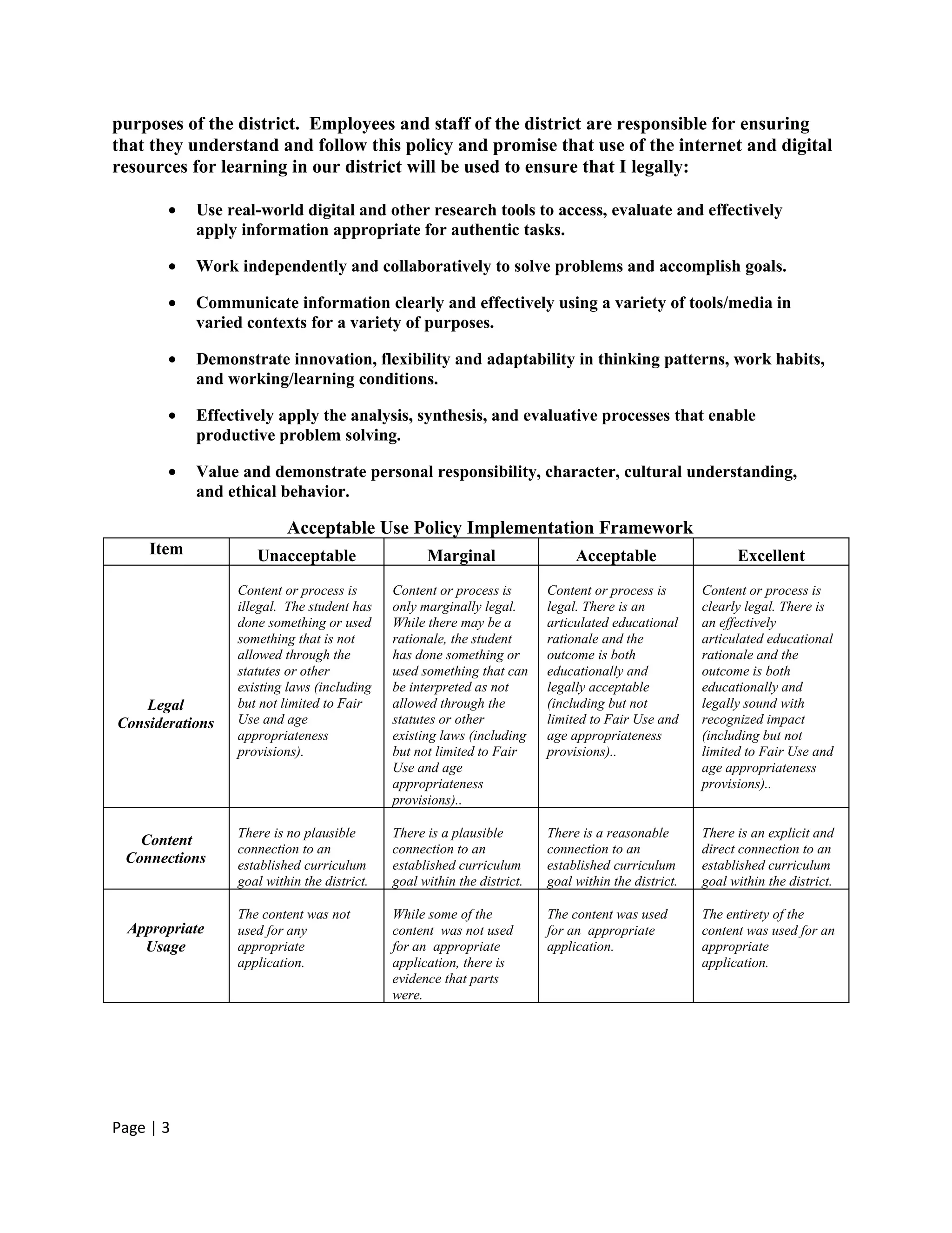 purposes of the district. Employees and staff of the district are responsible for ensuring
that they understand and follow this policy and promise that use of the internet and digital
resources for learning in our district will be used to ensure that I legally:

       •    Use real-world digital and other research tools to access, evaluate and effectively
            apply information appropriate for authentic tasks.

       •    Work independently and collaboratively to solve problems and accomplish goals.

       •    Communicate information clearly and effectively using a variety of tools/media in
            varied contexts for a variety of purposes.

       •    Demonstrate innovation, flexibility and adaptability in thinking patterns, work habits,
            and working/learning conditions.

       •    Effectively apply the analysis, synthesis, and evaluative processes that enable
            productive problem solving.

       •    Value and demonstrate personal responsibility, character, cultural understanding,
            and ethical behavior.

                          Acceptable Use Policy Implementation Framework
     Item           Unacceptable                   Marginal                   Acceptable                   Excellent
                 Content or process is       Content or process is       Content or process is       Content or process is
                 illegal. The student has    only marginally legal.      legal. There is an          clearly legal. There is
                 done something or used      While there may be a        articulated educational     an effectively
                 something that is not       rationale, the student      rationale and the           articulated educational
                 allowed through the         has done something or       outcome is both             rationale and the
                 statutes or other           used something that can     educationally and           outcome is both
                 existing laws (including    be interpreted as not       legally acceptable          educationally and
    Legal        but not limited to Fair     allowed through the         (including but not          legally sound with
Considerations   Use and age                 statutes or other           limited to Fair Use and     recognized impact
                 appropriateness             existing laws (including    age appropriateness         (including but not
                 provisions).                but not limited to Fair     provisions)..               limited to Fair Use and
                                             Use and age                                             age appropriateness
                                             appropriateness                                         provisions)..
                                             provisions)..

                 There is no plausible       There is a plausible        There is a reasonable       There is an explicit and
   Content
                 connection to an            connection to an            connection to an            direct connection to an
 Connections     established curriculum      established curriculum      established curriculum      established curriculum
                 goal within the district.   goal within the district.   goal within the district.   goal within the district.

                 The content was not         While some of the           The content was used        The entirety of the
  Appropriate    used for any                content was not used        for an appropriate          content was used for an
    Usage        appropriate                 for an appropriate          application.                appropriate
                 application.                application, there is                                   application.
                                             evidence that parts
                                             were.




Page | 3
 