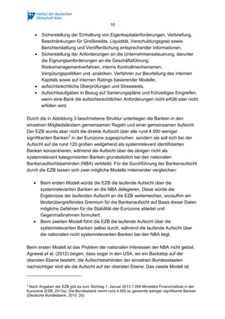 10
• Sicherstellung der Einhaltung von Eigenkapitalanforderungen, Verbriefung,
Beschränkungen für Großkredite, Liquidität, Verschuldungsgrad sowie
Berichterstattung und Veröffentlichung entsprechender Informationen,
• Sicherstellung der Anforderungen an die Unternehmenssteuerung, darunter
die Eignungsanforderungen an die Geschäftsführung,
Risikomanagementverfahren, interne Kontrollmechanismen,
Vergütungspolitiken und -praktiken, Verfahren zur Beurteilung des internen
Kapitals sowie auf internen Ratings basierender Modelle,
• aufsichtsrechtliche Überprüfungen und Stresstests,
• Aufsichtsaufgaben in Bezug auf Sanierungspläne und frühzeitiges Eingreifen,
wenn eine Bank die aufsichtsrechtlichen Anforderungen nicht erfüllt oder nicht
erfüllen wird.
Durch die in Abbildung 3 beschriebene Struktur unterliegen die Banken in den
einzelnen Mitgliedsländern gemeinsamen Regeln und einer gemeinsamen Aufsicht.
Der EZB wurde aber nicht die direkte Aufsicht über alle rund 4.500 weniger
signifikanten Banken3
in der Eurozone zugesprochen, sondern sie soll sich bei der
Aufsicht auf die rund 120 großen weitgehend als systemrelevant identifizierten
Banken konzentrieren, während die Aufsicht über die übrigen nicht als
systemrelevant kategorisierten Banken grundsätzlich bei den nationalen
Bankenaufsichtsbehörden (NBA) verbleibt. Für die Durchführung der Bankenaufsicht
durch die EZB lassen sich zwei mögliche Modelle miteinander vergleichen:
• Beim ersten Modell würde die EZB die laufende Aufsicht über die
systemrelevanten Banken an die NBA delegieren. Diese würde die
Ergebnisse der laufenden Aufsicht an die EZB weiterreichen, woraufhin ein
länderübergreifendes Gremium für die Bankenaufsicht auf Basis dieser Daten
mögliche Gefahren für die Stabilität der Eurozone ableitet und
Gegenmaßnahmen formuliert.
• Beim zweiten Modell führt die EZB die laufende Aufsicht über die
systemrelevanten Banken selbst durch, während die laufende Aufsicht über
die nationalen nicht systemrelevanten Banken bei den NBA liegt.
Beim ersten Modell ist das Problem der nationalen Interessen der NBA nicht gelöst.
Agrawal et al. (2012) zeigen, dass sogar in den USA, wo ein Backstop auf der
obersten Ebene besteht, die Aufsichtsbehörden der einzelnen Bundesstaaten
nachsichtiger sind als die Aufsicht auf der obersten Ebene. Das zweite Modell ist
3
Nach Angaben der EZB gibt es zum Stichtag 1. Januar 2013 7.059 Monetäre Finanzinstitute in der
Eurozone (EZB, 2013a). Die Bundesbank nennt rund 4.500 so genannte weniger signifikante Banken
(Deutsche Bundesbank, 2013, 20).
 