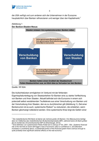 3
die USA verfügt und zum anderen sich die Unternehmen in der Eurozone
hauptsächlich über Banken refinanzieren und weniger über den Kapitalmarkt.1
Abbildung 1
Der Banken-Staaten-Nexus
Quelle: IW Köln
Die Aufsichtslücken ermöglichen im Verbund mit der fehlenden
Eigenkapitalunterlegung von Staatsanleihen für Banken eine zu starke Verflechtung
von Banken und ihren Staaten. Aktuell befindet sich die Eurozone in einem sich
potenziell selbst verstärkenden Teufelskreis aus einer Verschuldung von Banken und
der Verschuldung ihrer Staaten, den es zu durchbrechen gilt (Abbildung 1). Ziel einer
Bankenunion ist es auch, systemische Risiken2
zu reduzieren, die entstehen, wenn
Banken gleichzeigt notleidend werden. Eine systemische Krise birgt die Gefahr einer
1
Die niederländische ING Bank ist kleiner als mehrere große US Banken. Ihre Bilanzsumme beträgt
aber ein Vielfaches des niederländischen Bruttoinlandsprodukts (BIP), während keine US Bank größer
als ein Achtel des US-amerikanischen BIP ist (Shambaugh, 2012).
2
Eine Definition von systemischem Risiko findet sich in (Group of Ten, 2001, 126): „Systemic financial
risk is the risk that an event will trigger a loss of economic value or confidence in, and attendant
increases in uncertainty about, a substantial portion of the financial system that is serious enough to
quite probably have significant adverse effects on the real economy.“
 