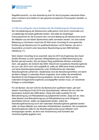 39
Regelfall ausreicht, um eine Abwicklung einer für das Eurosystem relevanten Bank,
deren Insolvenz eine Gefahr für das gesamte europäische Finanzsystem darstellt, zu
finanzieren.
3.2 IW-Vorschlag für einen Zeitplan für die Einführung der Bankenunion
Die Vervollständigung der Bankenunion sollte jedoch nicht durch vorschnelle und
unvollständige Konzepte gefährdet werden. Ziel sollte ein langfristiger
Ordnungsrahmen für die Eurozone sein und eine Belastung der Bankenunion durch
die Altlasten aus der letzten Bankenkrise sollte vermieden werden. Um eine solche
Belastung zu minimieren macht das IW Köln einen Vorschlag für eine getrennte
Einführung der Bankenunion für qualifizierte Banken und für Banken, die sich in
Quarantäne und damit unter besonderer Beaufsichtigung des SSM befinden
(Abbildung 11).
Nach diesem Vorschlag ist es essentiell, dass bis 2014 die Ergebnisse des Asset
Quality Reviews zu einer rigorosen Rekapitalisierung und Bilanzbereinigung der
Banken genutzt werden. Die auf diesem Weg qualifizierten Banken unterstehen
dann, wie geplant, der Aufsicht des SSM. Obwohl der europäische Abwicklungsfonds
bis zum Jahr 2014 noch nicht aufgefüllt ist, sollte der SRM seine Arbeit aufnehmen
und seine Abwicklungskompetenzen unter Zuhilfenahme der nationalen
Abwicklungsfonds aufnehmen. Idealerweise sind die Abwicklungsrichtlinie und damit
die Bail-in-Regeln in nationales Recht umgesetzt. Auch sollten die einheitlichen
Standards für die Einlagensicherung bestehen, da bei einem Bail-in auf die
nationalen Einlagensicherungsfonds zurückgegriffen werden muss, um versicherte
Einleger zu entschädigen.
Für die Banken, die sich nicht für die Bankenunion qualifiziert haben, gilt nach
diesem Vorschlag bis Ende 2016 eine Quarantänezeit, während der sie unter der
besonderen Aufsicht des SSM stehen. Diese Zeit sollte zusätzlich für die
Bilanzbereinigung und Rekapitalisierung aufgewendet werden. Zeigt sich an, dass
diese Banken eine Bilanzbereinigung und Rekapitalisierung nicht erfolgreich
abschließen können, sollten sie abgewickelt werden, wobei die
Abwicklungsfinanzierung durch den nationalen Abwicklungsfonds geleistet werden
sollte, da diese Altlasten aus nationalen Aufsichtslücken resultieren. Der europäische
Abwicklungsfonds sollte für die Abwicklungsfinanzierung bei Altlasten nicht
herangezogen werden, da dann eine Versicherung nach Eintreten des
Versicherungsfalls gegeben wird.
 