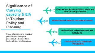 Forecasts of Accommodation needs and
land Area Requirements.
Significance of
Carrying
capacity & EIA
in Tourism
Policy and
Planning.
Since planning and making
policies is a complex
process, it takes certain
factors into consideration.
Identification of Markets and Market Trends
Identification of opportunities and
limitations
Innovations and Long-range
Perspective.
 