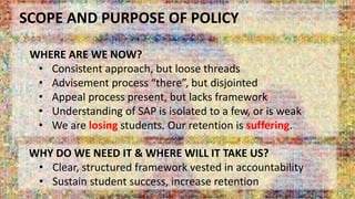 SCOPE AND PURPOSE OF POLICY
WHERE ARE WE NOW? – A Close up view…
• Consistent approach, but loose threads
• Advisement process “there”, but disjointed
• Appeal process present, but lacks framework
• Understanding of SAP is isolated to a few, or is weak
• We are losing students. Our retention is suffering.
WHY DO WE NEED IT & WHERE WILL IT TAKE US?
• Clear, structured framework vested in accountability
• Sustain student success, increase retention
 