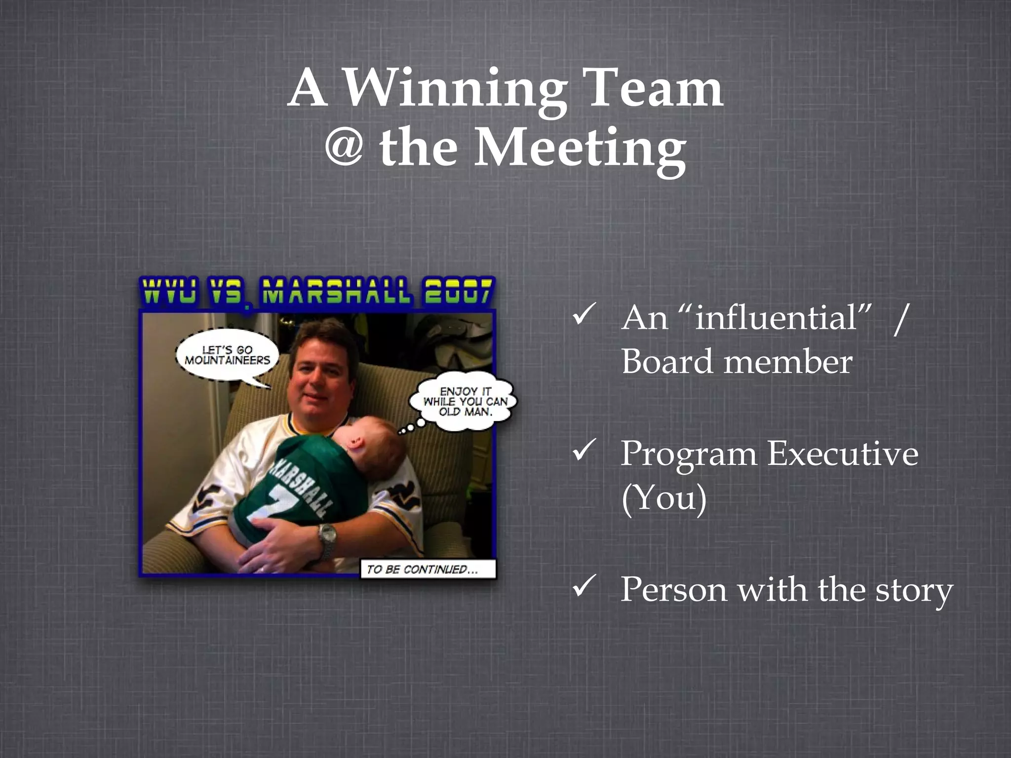 A Winning Team @ the Meeting An “influential” / Board member Program Executive (You) Person with the story
