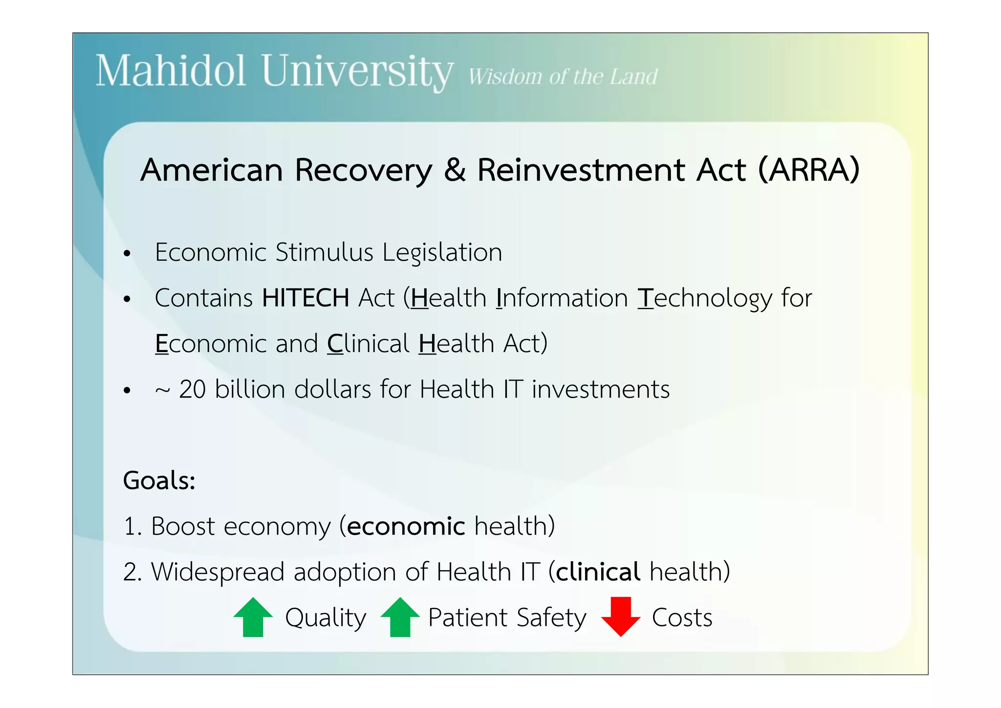 Landmark IOM Reports: Summary 
• Humans are not perfect and are bound to make 
errors 
• Highlight problems in U.S. health care system 
that systematically contributes to medical errors 
and poor quality 
• Recommends reform 
• Health IT plays a role in improving patient 
safety 
 