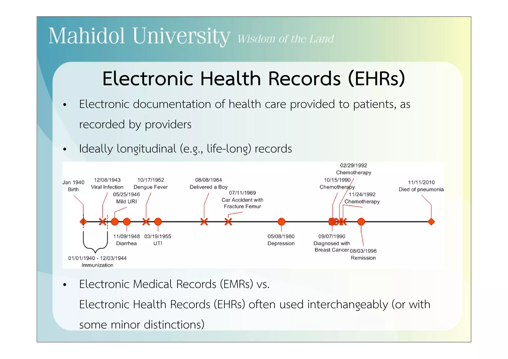Electronic Health Records (EHRs) 
• Electronic documentation of health care provided to patients, as 
recorded by providers 
• Ideally longitudinal (e.g., life-long) records 
• Electronic Medical Records (EMRs) vs. 
Electronic Health Records (EHRs) often used interchangeably (or with 
some minor distinctions) 
 