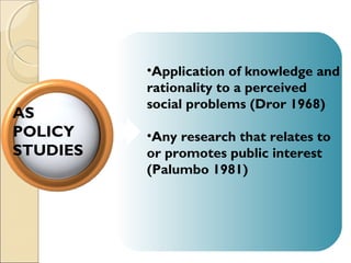 •Application of knowledge and
rationality to a perceived
social problems (Dror 1968)
•Any research that relates to
or promotes public interest
(Palumbo 1981)
AS
POLICY
STUDIES
 