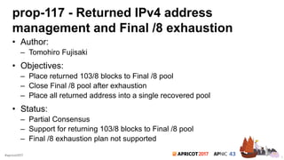 2017#apricot2017
prop-117 - Returned IPv4 address
management and Final /8 exhaustion
• Author:
– Tomohiro Fujisaki
• Objectives:
– Place returned 103/8 blocks to Final /8 pool
– Close Final /8 pool after exhaustion
– Place all returned address into a single recovered pool
• Status:
– Partial Consensus
– Support for returning 103/8 blocks to Final /8 pool
– Final /8 exhaustion plan not supported
5
 