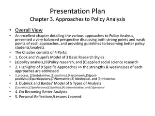 Presentation Plan
                Chapter 3. Approaches to Policy Analysis
• Overall View
•   An excellent chapter detailing the various approaches to Policy Analysis,
    presented a very balanced perspective discussing both strong points and weak
    points of each approaches, and providing guidelines to becoming better policy
    students/analysts
•   The Chapter consists of 4 Parts:
•   1. Cook and Vaupel’s Model of 3 Basic Research Styles
•   (a)policy analysis,(B)Policy research, and (C)applied social science research
•   2. Highlights of 9 Specific Approaches => the strengths & weaknesses of each
    approaches are addressed
•   1.process, (2)substantive,(3)positivist,(4)economic,(5)post-
    positivist,(6)participatory,(7)Normative,(8) Ideological, and (9) Historical.
•   3. Dubnick and Bardes’ Model of 5 Types of Analysts
•   (1)scientist,(2)professional,(3)political,(4) administrative, and (5)personal
•   4. On Becoming Better Analysts
•   5. Personal Reflections/Lessons Learned
 
