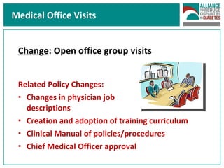 Medical Office Visits Change : Open office group visits Related Policy Changes: Changes in physician job  descriptions  Creation and adoption of training curriculum Clinical Manual of policies/procedures Chief Medical Officer approval 