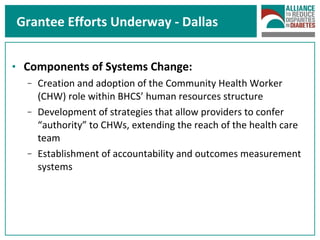 Grantee Efforts Underway - Dallas Components of Systems Change: Creation and adoption of the Community Health Worker (CHW) role within BHCS’ human resources structure Development of strategies that allow providers to confer “authority” to CHWs, extending the reach of the health care team Establishment of accountability and outcomes measurement systems   
