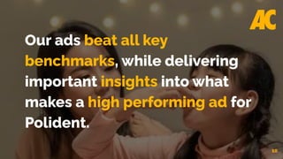 10
Our ads beat all key
benchmarks, while delivering
important insights into what
makes a high performing ad for
Polident.
 