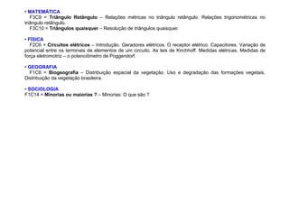 • MATEMÁTICA
F3C9 = Triângulo Retângulo – Relações métricas no triângulo retângulo. Relações trigonométricas no
triângulo retângulo.
F3C10 = Triângulos quaisquer – Resolução de triângulos quaisquer.
• FÍSICA
F2C6 = Circuitos elétricos – Introdução. Geradores elétricos. O receptor elétrico. Capacitores. Variação de
potencial entre os terminais de elementos de um circuito. As leis de Kirchhoff. Medidas elétricas. Medidas de
força eletromotriz – o potenciômetro de Poggendorf.
• GEOGRAFIA
F1C6 = Biogeografia – Distribuição espacial da vegetação. Uso e degradação das formações vegetais.
Distribuição da vegetação brasileira.
• SOCIOLOGIA
F1C14 = Minorias ou maiorias ? – Minorias: O que são ?
 