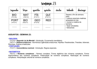 Semana 23
ASSUNTOS - SEMANA 23:
• BIOLOGIA
F1C16 = Segunda Lei de Mendel - Introdução. Cruzamento mendeliano.
F3C17 = Sistema endócrino - Hormônios e glândulas endócrinas. Hipófise. Paratireoides. Tireoides. Adrenais.
Pâncreas. Ovários e testículos.
• PORTUGUÊS
F1C17 = Concordânica nominal - Introdução. Regras especiais.
• MATEMÁTICA
F2C12 = Números complexos - Número complexo. Forma algébrica dos números complexos. Forma
trigonométrica dos números complexos. Potenciação de números complexos. Radiciação de números
complexos. Interpretação vetorial de números complexos.
segunda terça quarta quinta esexta sábado domingo
BIO
(F1C16)
MAT
(F2C12)
FÍS
(F1C11)
QUÍ
(F1C11)
PORT
(F1C17)
BIO
(F3C17)
GEO
(F1C10)
RED
Separe o fim de semana
para:
• colocar possíveis matérias
atrasadas em dia;
• revisar a matéria da
semana;
• fazer simulados;
• descansar.
 