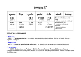 Semana 27
ASSUNTOS – SEMANA 27
• BIOLOGIA
F2C21 = Plantas e ambiente – Introdução. Alguns padrões gerais na terra. Biomas do Brasil. Biomas e
aspectos ecológicos.
• PORTUGUÊS
F1C20 = Estudo de determinadas partículas - A palavra que. Senão/se não. Palavras denotativas.
• LITERATURA
F2C12 = Modernismo em Portugal – O início. Fernando Pessoa. Mário de Sá-Carneiro. Autores
contemporâneos em Portugal: Agustina Bessa-Luís, Sophia de Mello Breyner Andresen, António Lobo Antunes e
José Saramago.
segunda terça quarta quinta esexta sábado domingo
BIO
(F2C21)
GEO
(F2C14)
PORT
(F1C20)
FÍS
(F3C14)
MAT
(F3C18)
MAT
(F3C19)
MAT
(F3C20)
QUÍ
(F3C7)
LIT
(F2C12)
RED ING/ESP
Separe o fim de semana
para:
• colocar possíveis matérias
atrasadas em dia;
• revisar a matéria da
semana;
• fazer simulados;
• descansar.
 