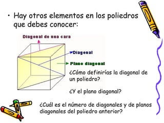 Hay otros elementos en los poliedros que debes conocer:  ¿Cómo definirías la diagonal de un poliedro?  ¿Y el plano diagonal? ¿Cuál es el número de diagonales y de planos diagonales del poliedro anterior? 